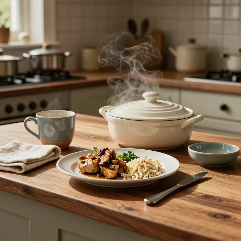 Steaming supper on a walnut kitchen counter with bowl, teacup, and linen napkin