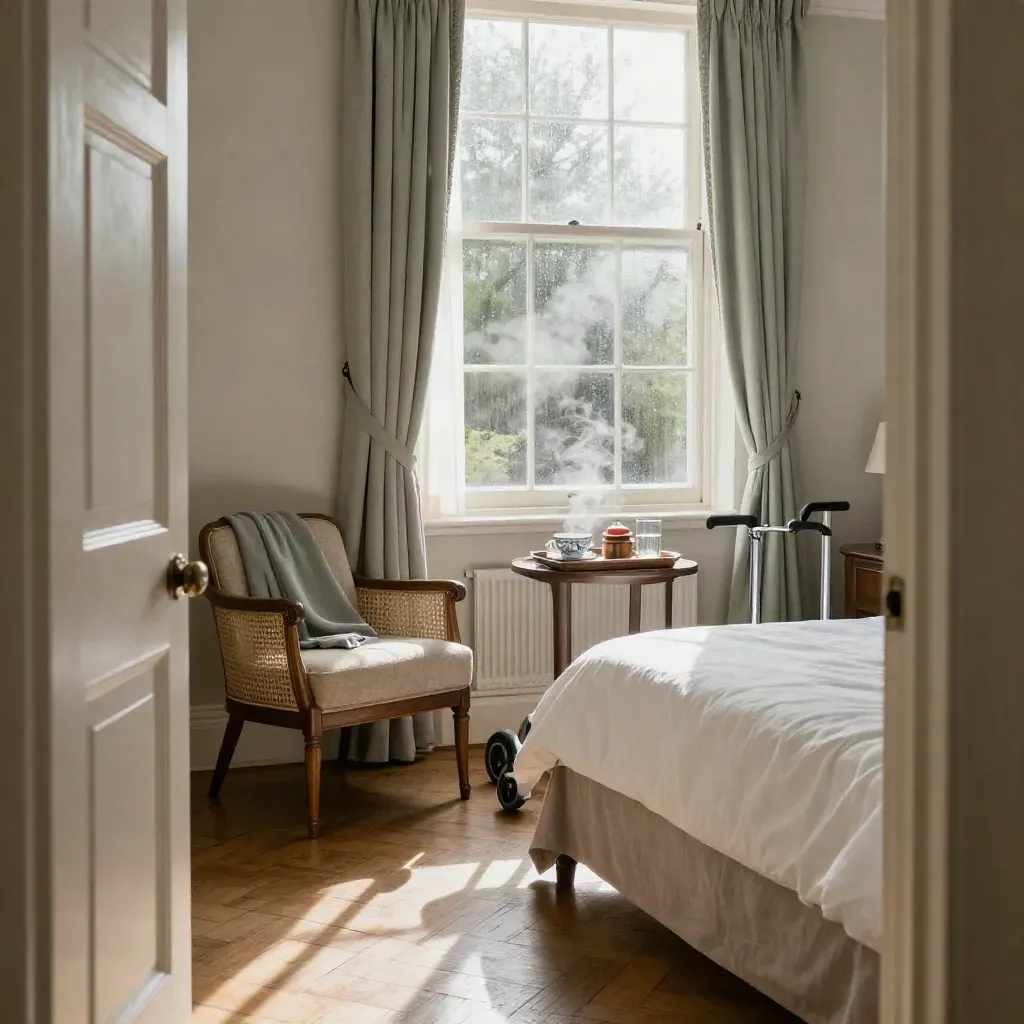 Georgian townhouse assisted-living suite with made bed, armchair, mobility frame and steaming tea tray.