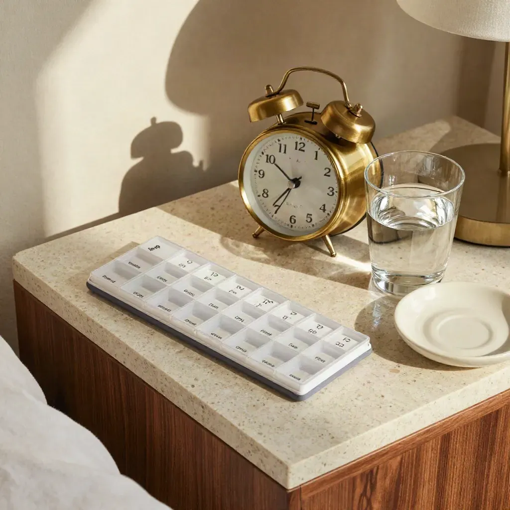 Pill organiser, alarm clock, water glass and saucer on a bedside table at dawn