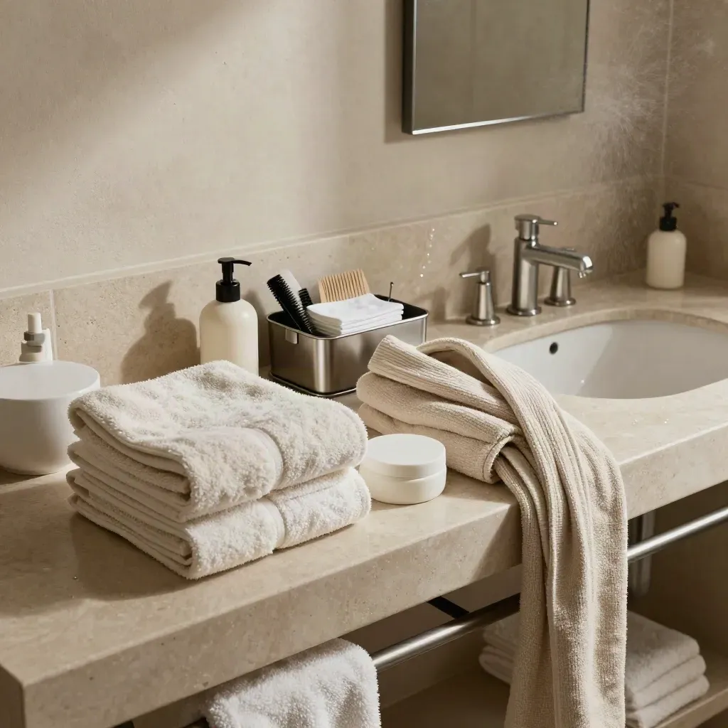 Bathroom care station with towels, wash bowl, lotion, robe and grooming caddy in warm misty light.