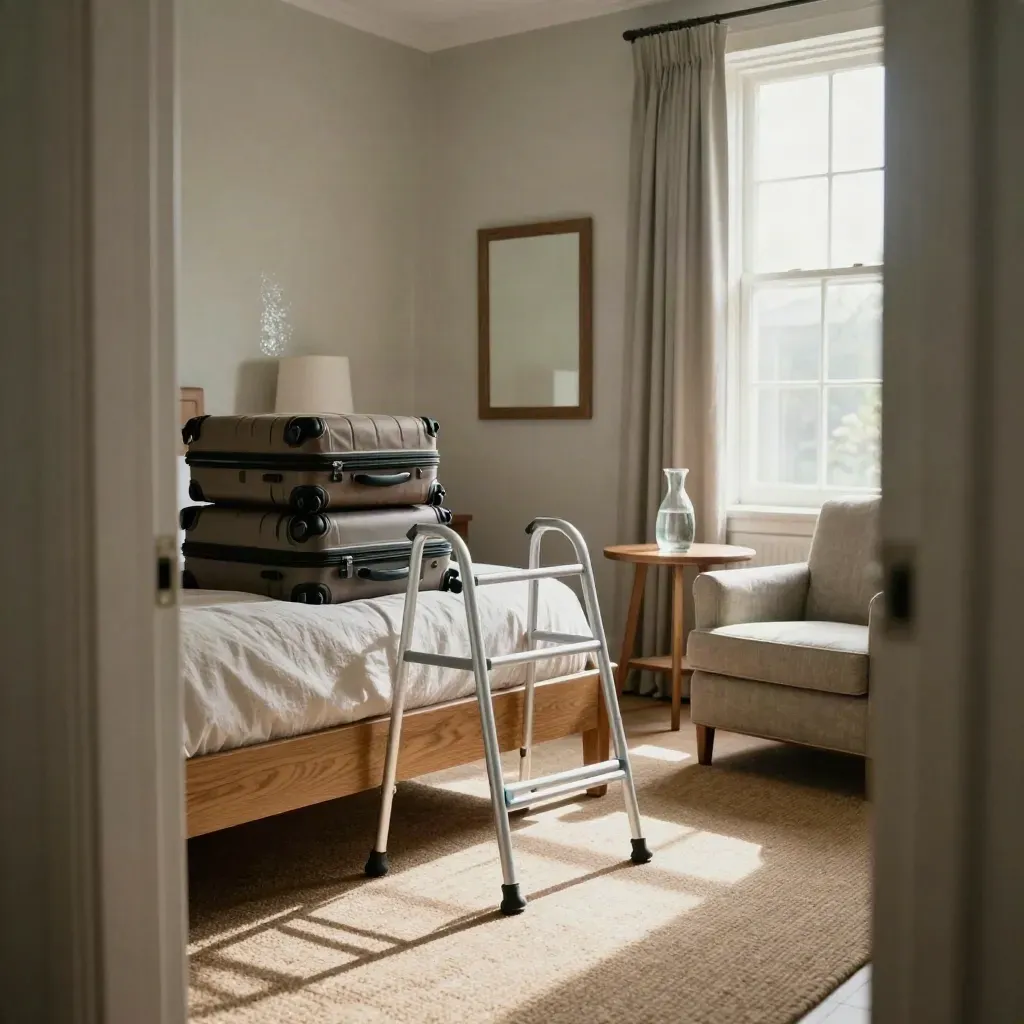 Empty assisted-living bedroom with luggage, walking frame, water jug and armchair in hazy morning light.