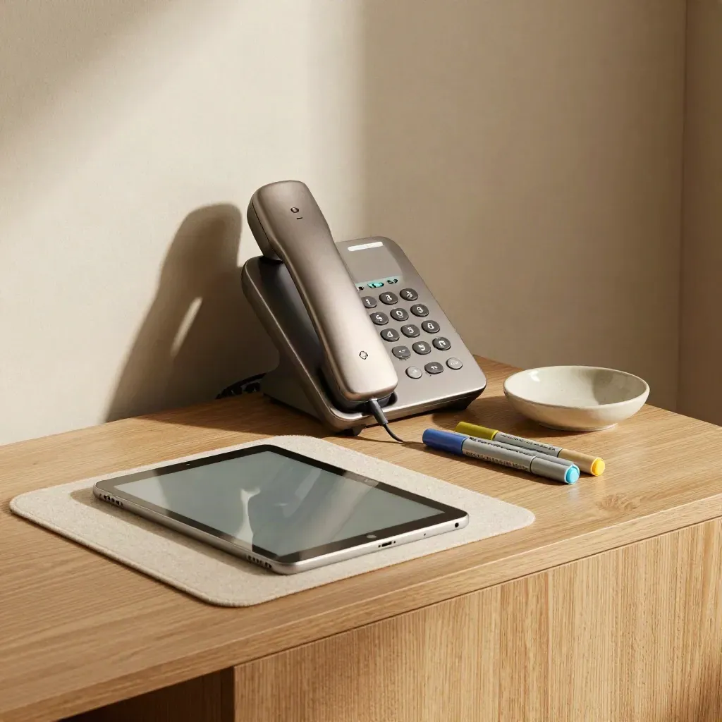 Cordless phone base, face-down tablet and colour markers in a tidy care communication nook.
