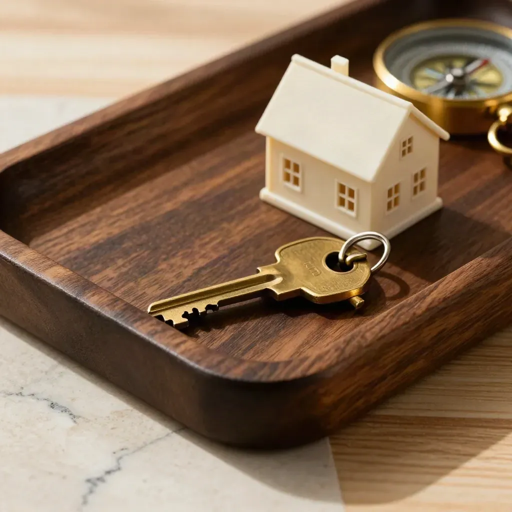 Brass key, miniature home model and compass on a dark oak tray in hard light