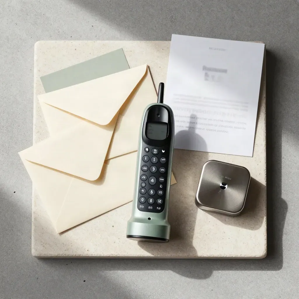 Overhead flatlay of phone dock, sealed envelopes, colour tabs and timer on a pale tray.