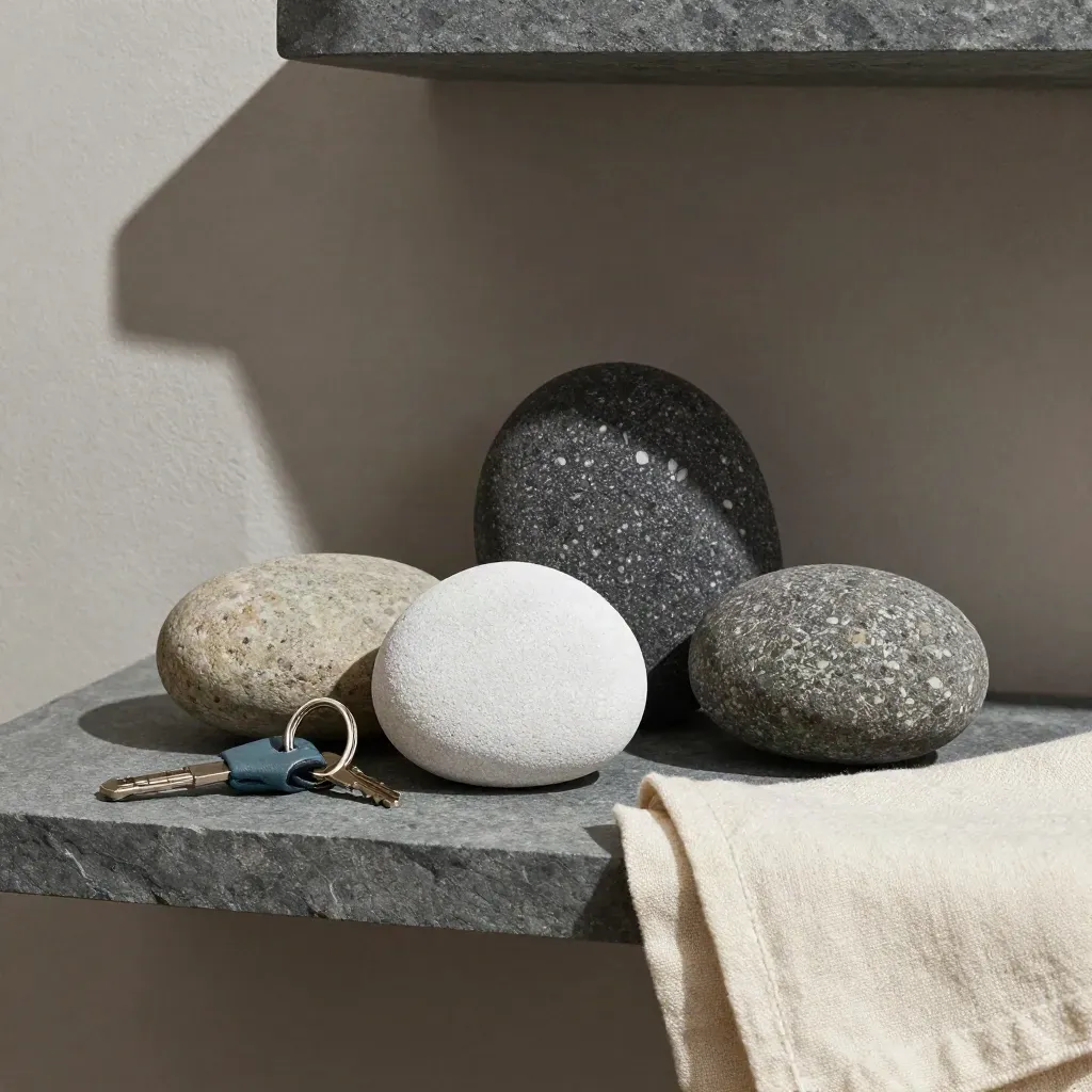 Slate ledge with three care stones, key ring, and cream linen swatch in soft side light.