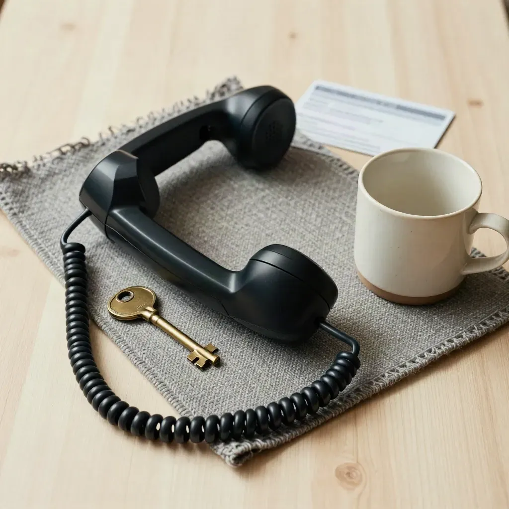 Overhead still-life of a corded handset, brass key and mug on a wool mat over pale wood.