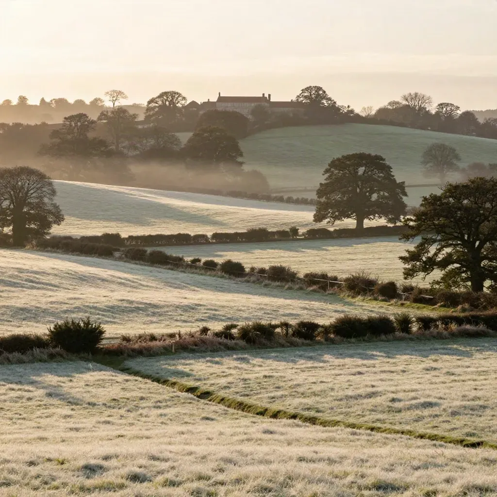 Surrey chalk downs with hedgerows, a distant manor roofline and evening haze over open pasture.