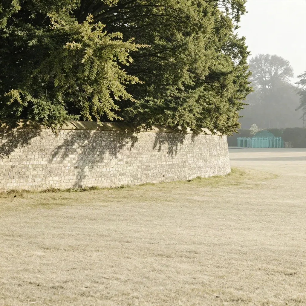 Hertfordshire flint wall, pale brick, clipped beech and a distant manor in soft mist